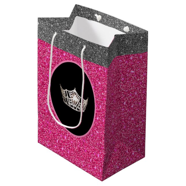 Miss America Silver Crown Pink FX GlitterGift Bag Mittlere Geschenktüte (Vorderseite Schrägansicht)