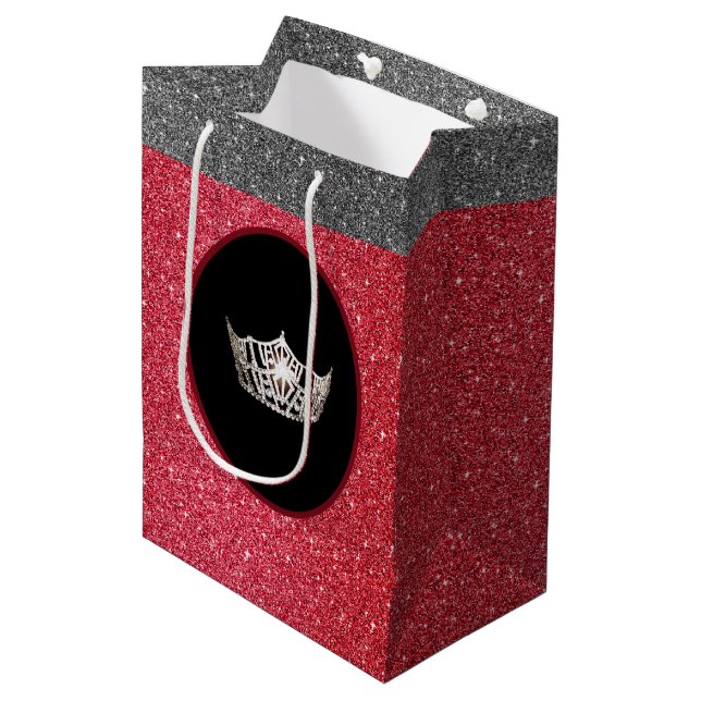 Miss America Silver Crown Red FX GlitterGift Bag Mittlere Geschenktüte (Vorderseite Schrägansicht)
