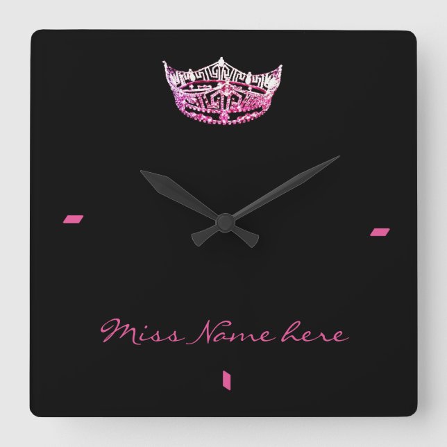 Miss America style Pink Crown Clock Quadratische Wanduhr (Vorderseite)