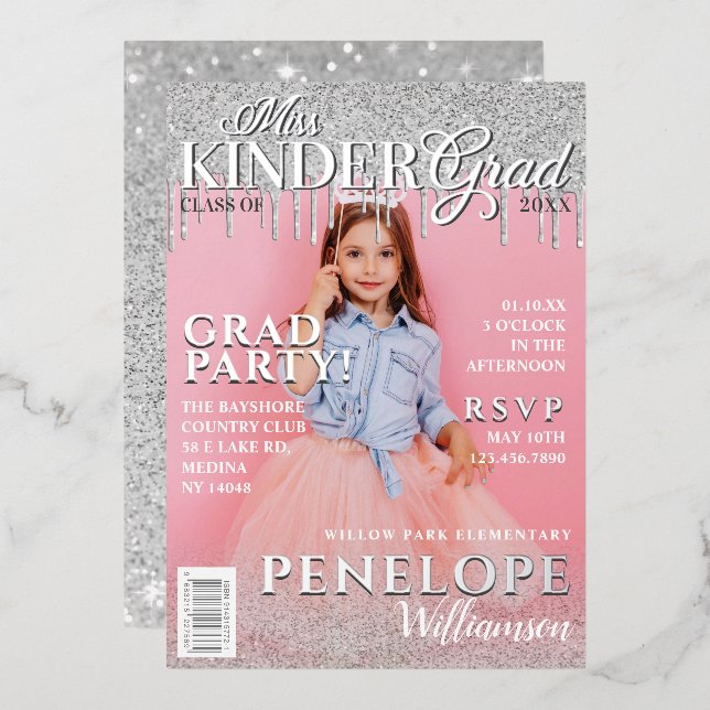 Miss Kinder Grad Glitzer Tropfen Foto Magazine Cov Folieneinladung (Vorderseite/Rückseite)