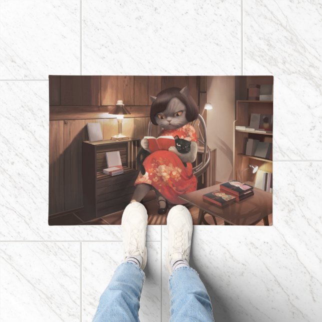 Miss Meow - Vintage Katze Reading Time Fußmatte (Indoor)