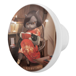 Miss Meow - Vintage Katze Reading Time Keramikknauf