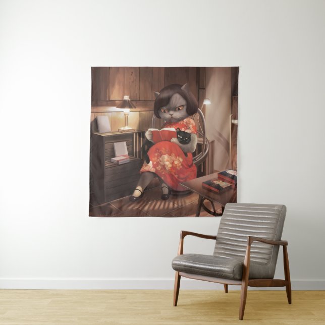 Miss Meow - Vintage Katze Reading Time Wandteppich (Beispiel)