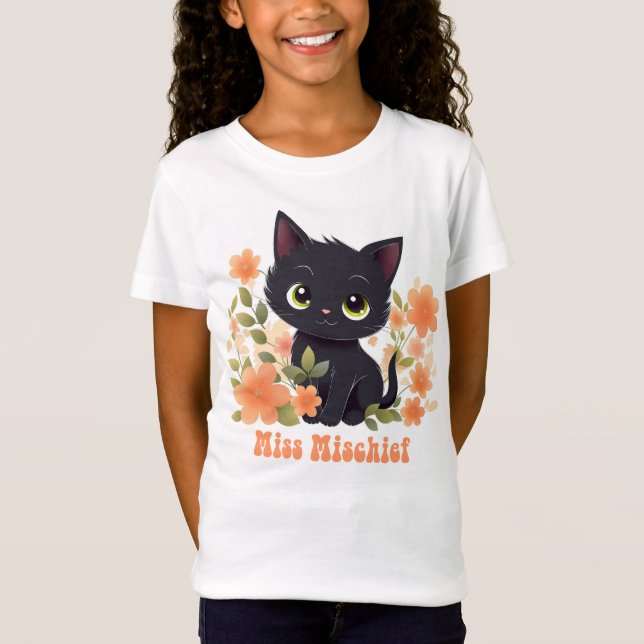 Miss Mischief Black Kitty Kawaii Chibi T-Shirt (Vorderseite)