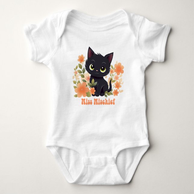 Miss Mischief Black Kitty mit Blume Baby Strampler (Vorderseite)
