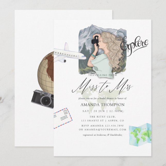 Miss - Mrs. Mountain Adventure Travel Brautparty Einladung (Vorne/Hinten)