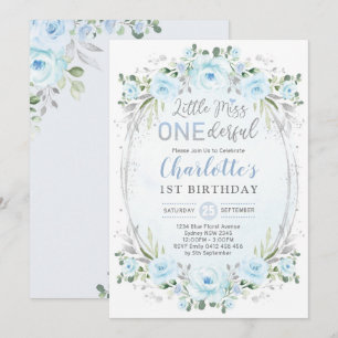 Miss ONEderful Baby Blue Gold Floral 1. Geburtstag Einladung