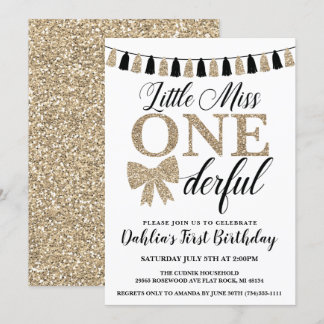 Miss Onederful Birthday Einladung, Schwarz und Gol Einladung