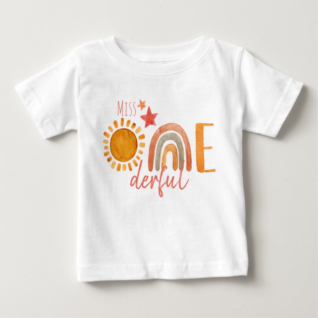 Miss Onederful First Birthday Rainbow and Sun Baby T-shirt (Vorderseite)