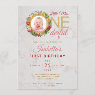 Miss Onederful Foto in Rose Wreath Erster Geburtst Einladung