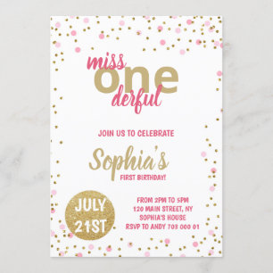 Miss Onederful Girl First Geburtstag Pink Confetti Einladung