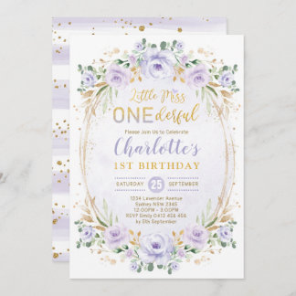 Miss ONEderful Lila Gold Floral 1. Geburtstag Einladung