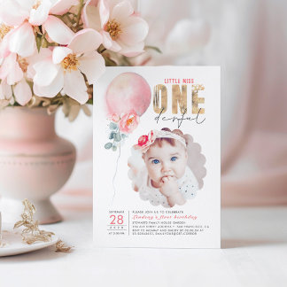 Miss Onederful Pink Balloon 1. Geburtstags-Foto Einladung