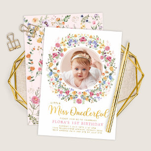 Miss ONEderful Wildblume Wreath Foto Geburtstag Einladung