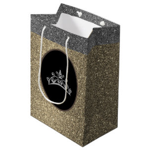Miss Pageant Tiara Crown Gold FX GlitterGift Bag Mittlere Geschenktüte