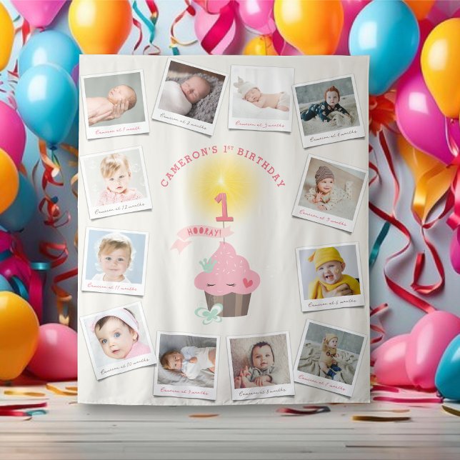 Miss Pink Cupcake Girl Geburtstag 12 Foto Hintergr Wandteppich (Miss Pink Cupcake Girl's 1st Birthday 12 Photo Backdrop Tapestry @ fatfatin_mini_me)