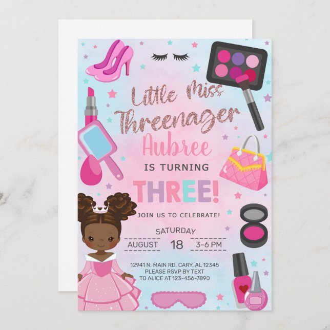 Miss Threenager girl 3rd third birthday invitation Einladung (Vorne/Hinten)