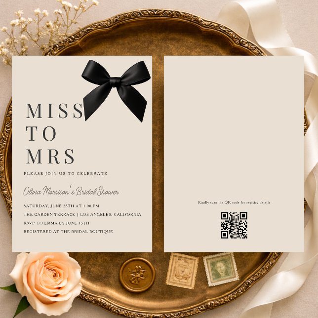 Miss to Mrs Black Bow QR Code Bridal Shower Einladung (Von Creator hochgeladen)