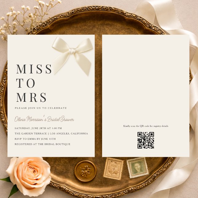 Miss to Mrs Coquette Bow QR Code Brautparty Einladung (Von Creator hochgeladen)