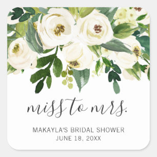 Miss to Mrs Elegante Weiße Florale Hochzeitsdusche Quadratischer Aufkleber