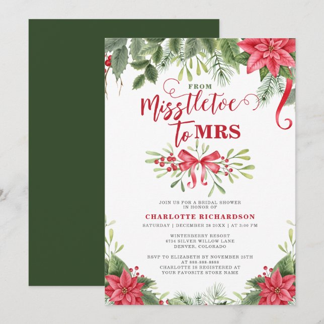 Miss To Mrs Mistletoe Elegant Winter Brautparty Einladung (Vorne/Hinten)