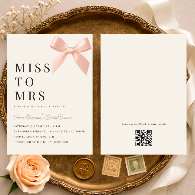 Miss to Mrs Rosé-farbenen Bogen QR Code Brautparty Einladung (Von Creator hochgeladen)