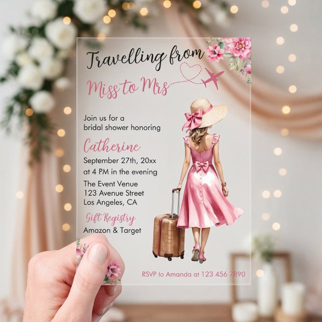 Miss To Mrs Travel Pink Bow Dress Bridal Shower Acryleinladungen (Front view traveling from miss to mrs world travel bridal shower love is journey acrylic invitation)