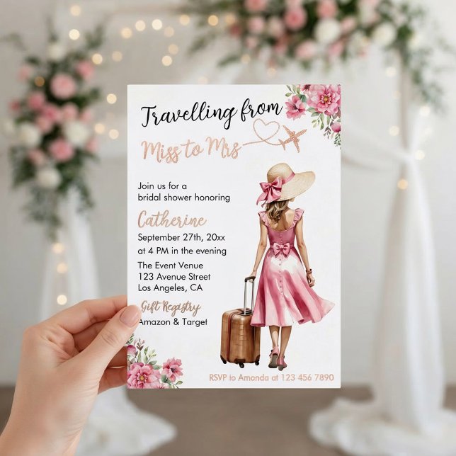 Miss To Mrs Travel Pink Bow Dress Bridal Shower Folieneinladung (Front view traveling from miss to mrs destination wedding bridal shower love journey foil invitation)
