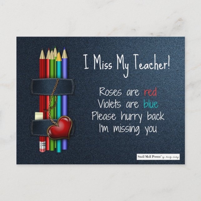 Miss You Gedicht for Teacher from Student Postkarte (Vorderseite)