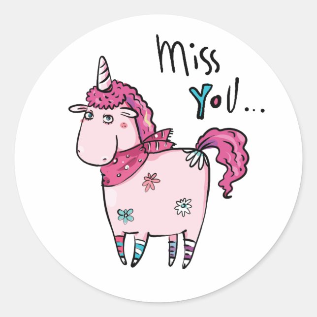 Miss You Unicorn Runder Aufkleber (Vorderseite)