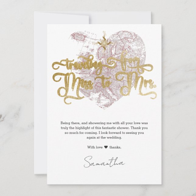 Miss zu Mrs. Chic Heart Map Travel Brautparty Dankeskarte (Vorderseite)