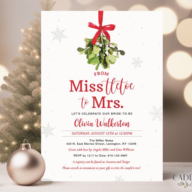 Miss zu Mrs. Christmas Bridal Duwer Einladung (Miss-tletoe to Mrs. Bridal Shower Invitation for Holiday Themed Bridal Shower in December.)