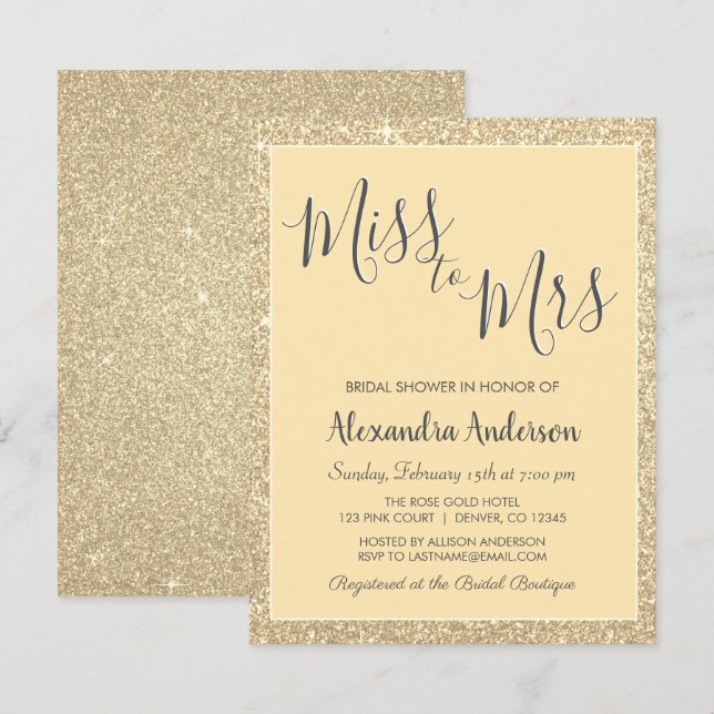 Miss zu Mrs. Gold Glitzer Brautparty Einladung (Vorne/Hinten)