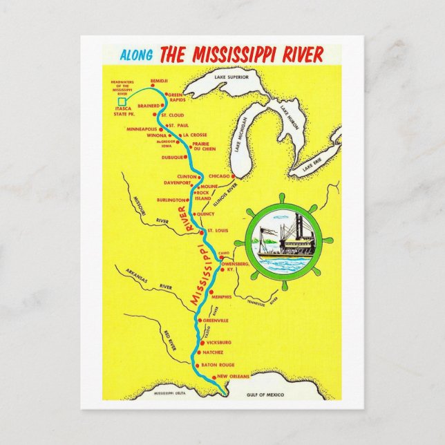 Mississippi River Map Vintage Postcard Postkarte (Vorderseite)