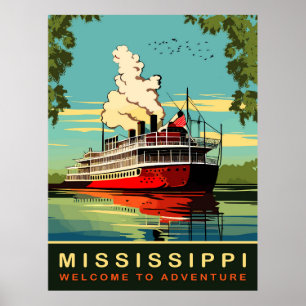Mississippi, Steamboat Cruiser, Vintage Travel Poster