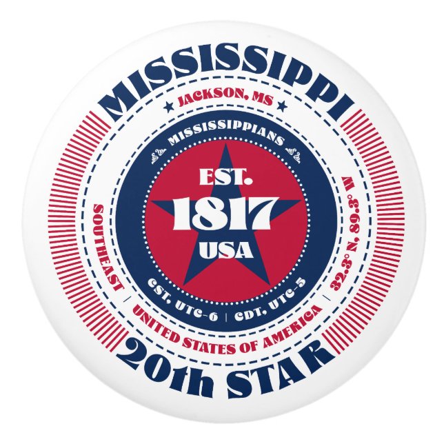 Mississippi US-Staat Red White Blue Typografy Keramikknauf (Vorderseite)