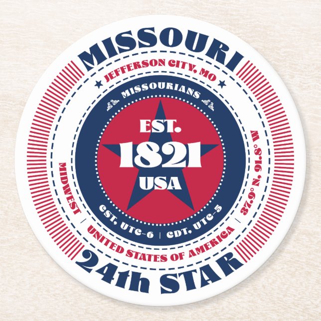 Missouri Red White Blue Typografie Runder Pappuntersetzer (Vorderseite)