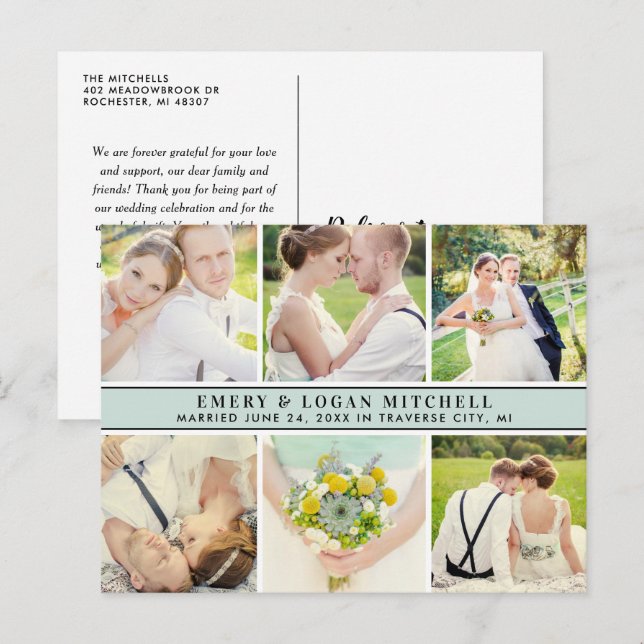 Mist Blue Monogram Wedding Foto Collage Vielen Dan Postkarte (Vorne/Hinten)