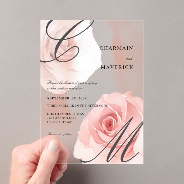 Mist Blush Pink Monogram Wedding Acryleinladungen (Insitu (Handheld))