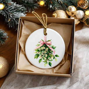 Mistelzweig mit rosa Band Keramik Ornament