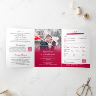 Mistelzweig rote Hochzeitsmenü-Option RSVP QR-Code Dreifach Gefaltete Einladung