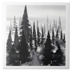 Misti monochrome Pine Forest Wasserfarbe Kunst dru Fliese