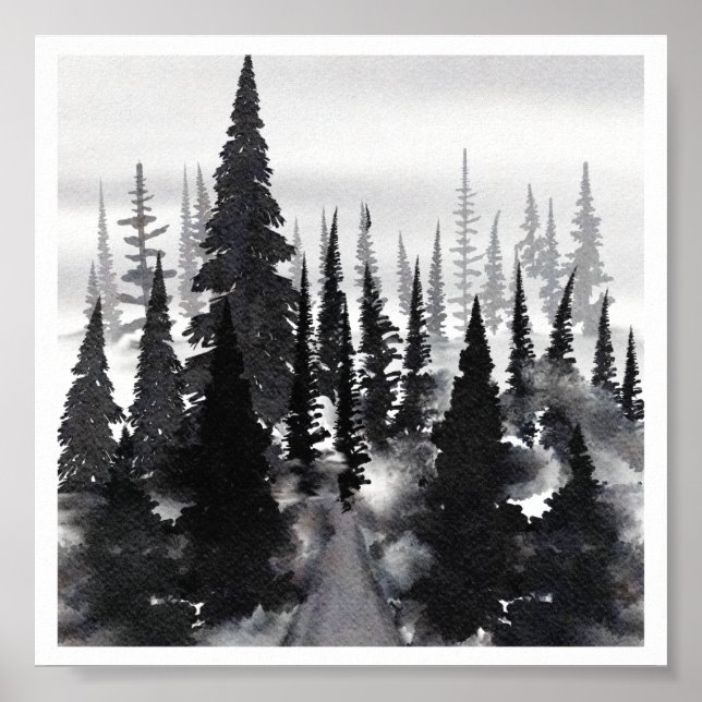 Misti monochrome Pine Forest Wasserfarbe Kunst dru Poster (Vorne)