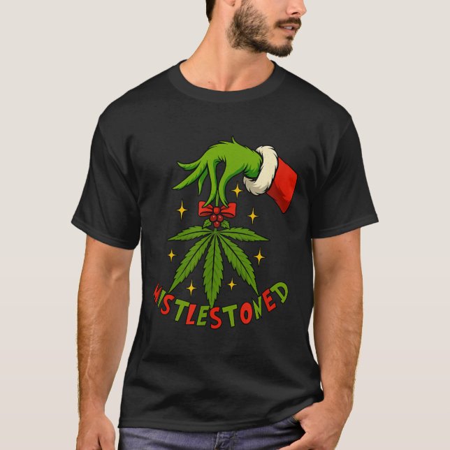 Mistlestoned Weed Leaf Funny Stoner Christmas  T-Shirt (Vorderseite)