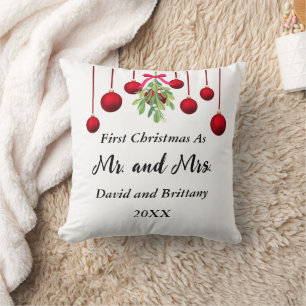 Mistletoe and Red Christmas Balls Newlyweds Pillow Kissen