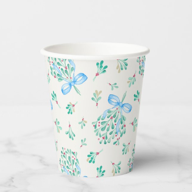 Mistletoe Blue Bow Baby Shower Cups Pappbecher (Vorderseite)