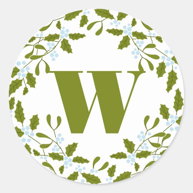 Mistletoe Bough Wreath Monogram-Geschenkaufkleber Runder Aufkleber (Vorderseite)