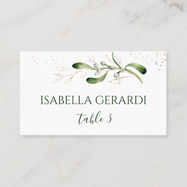 Mistletoe Gold Foliage Confetti Wedding Platzkarte (Vorderseite)