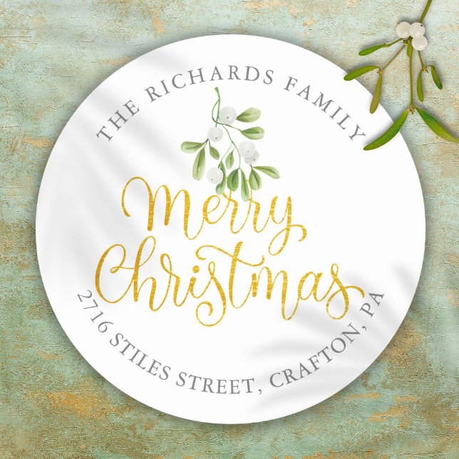 Mistletoe Gold Frohe Weihnachts-Rücksendeadresse Runder Aufkleber (Mistletoe Gold Merry Christmas Return Address Classic Round Sticker)