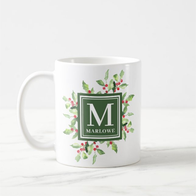 Mistletoe Greenery Monogram Christmas Kaffeetasse (Links)